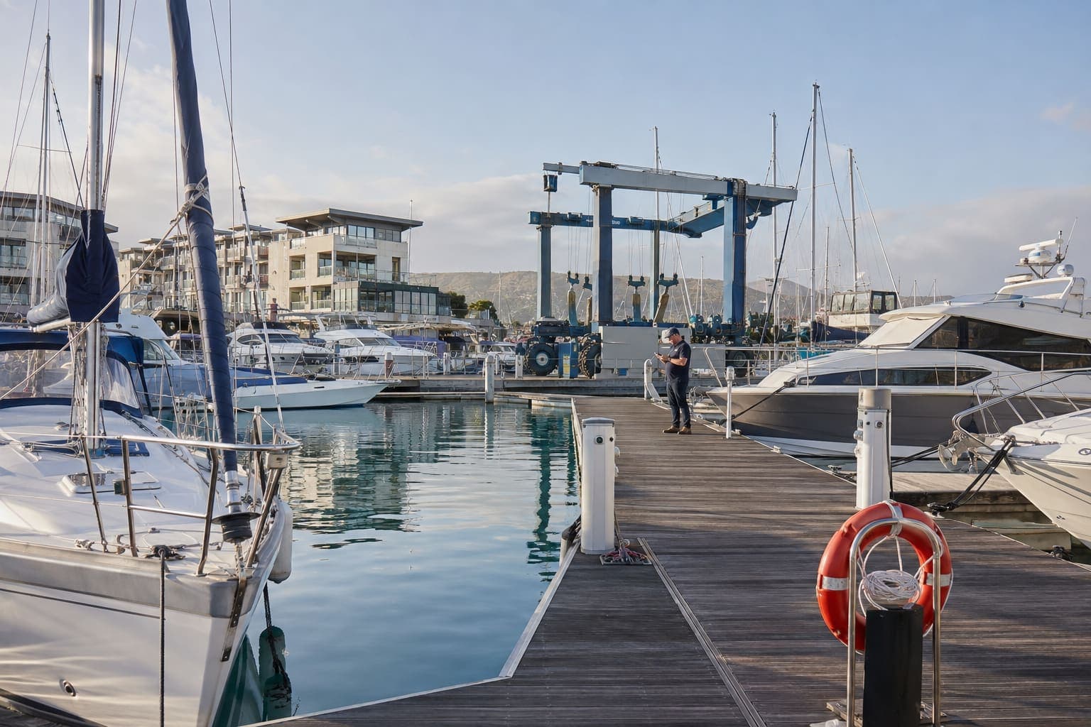 Marina mit Yachten, Bootslift und Mitarbeiter am Steg