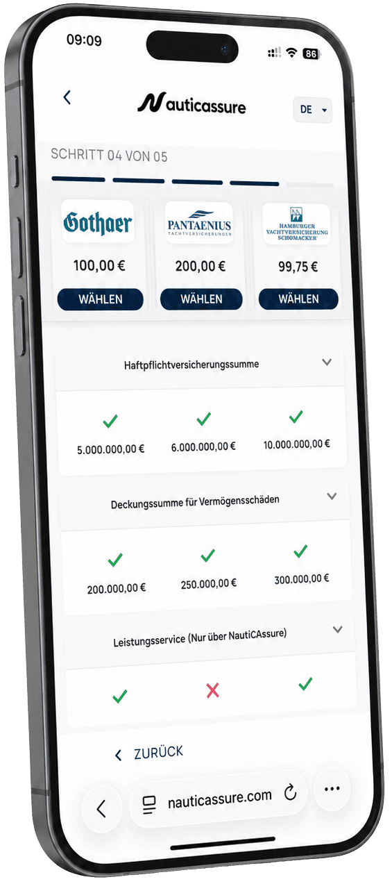 Smartphone mit Tarifvergleich mehrerer Charter Versicherungen in der NauticAssure App