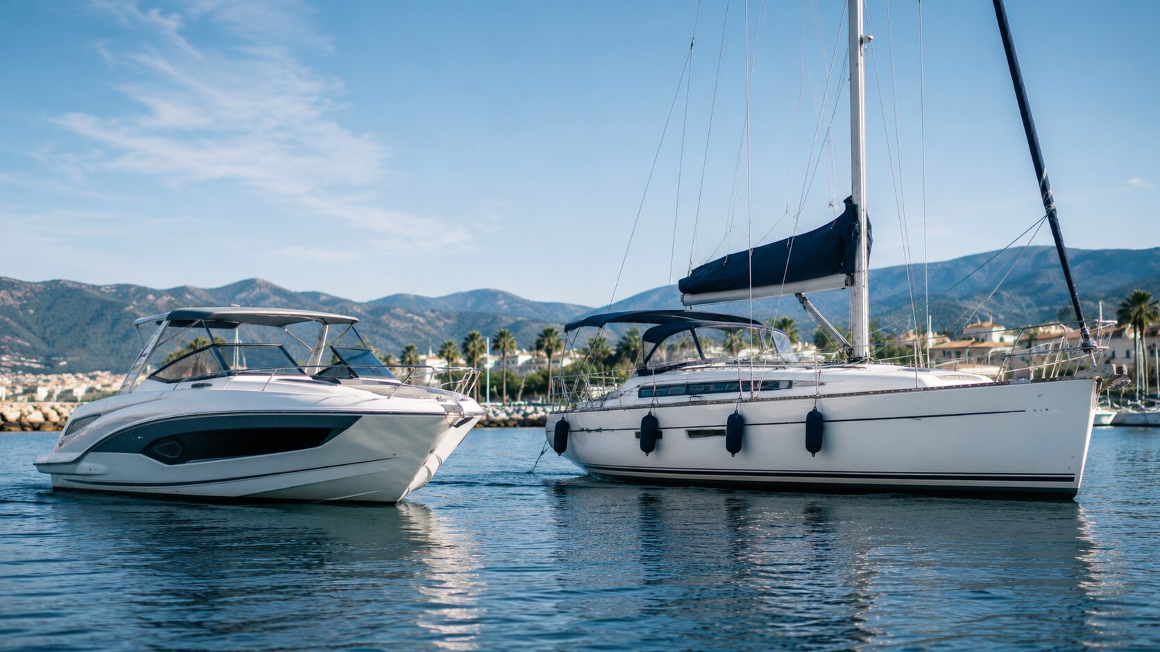 Motorboot und Segelboot nebeneinander – Bootsversicherung Typen